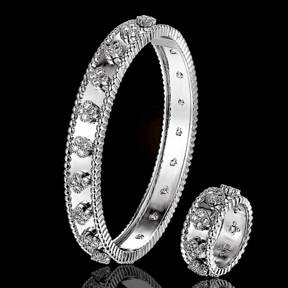 Platinum Four Leaf Bracelet Matching Ring Set - Picture 1 of 9